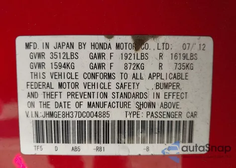 2013 Honda Fit from USA, damaged, VIN JHMGE8H37DC004885